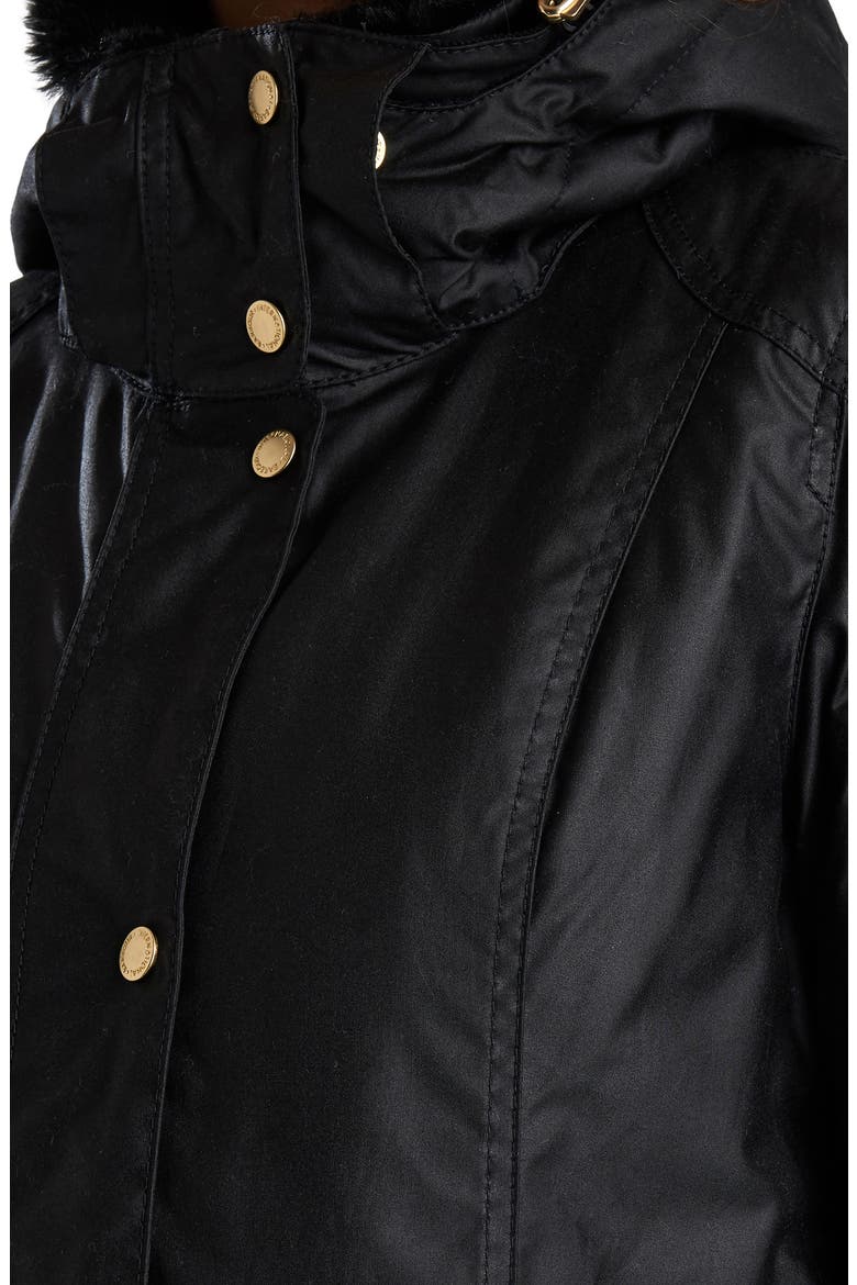 Barbour B.INTL Kirk Hooded Waxed Cotton Jacket with Faux Fur Trim, Alternate, color, BLACK