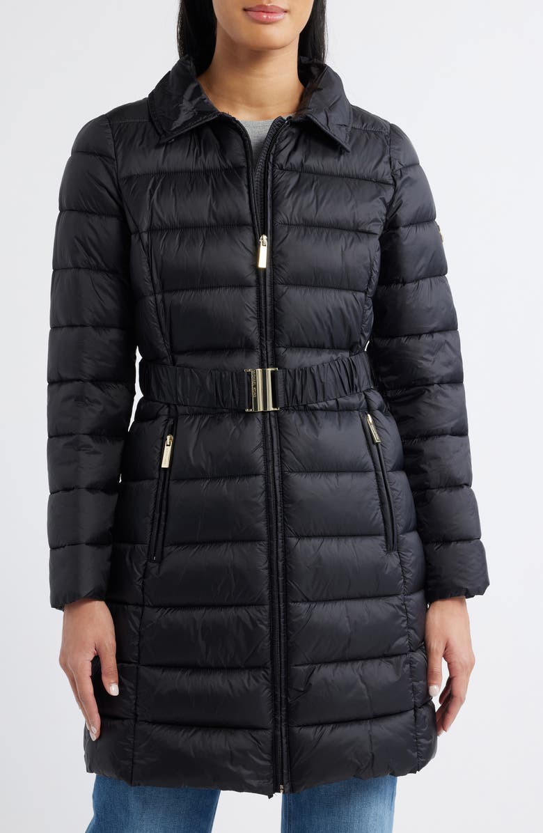 Michael Kors Belted Packable Long Puffer Jacket, Alternate, color,
