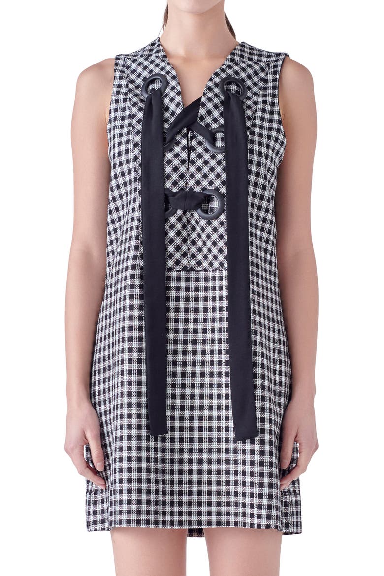 Check Grommet Sleeveless Shift Dress, Alternate, color, BLACK