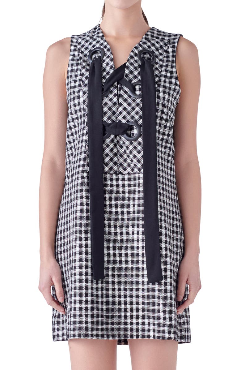English Factory Check Grommet Sleeveless Shift Dress, Alternate, color, Black