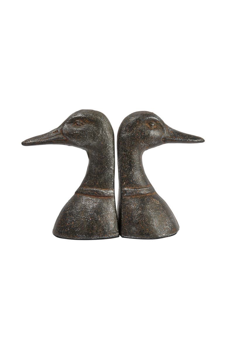 Decorative Distressed Cast Metal Duck Head Bookends, Black, Alternate, color, Brown