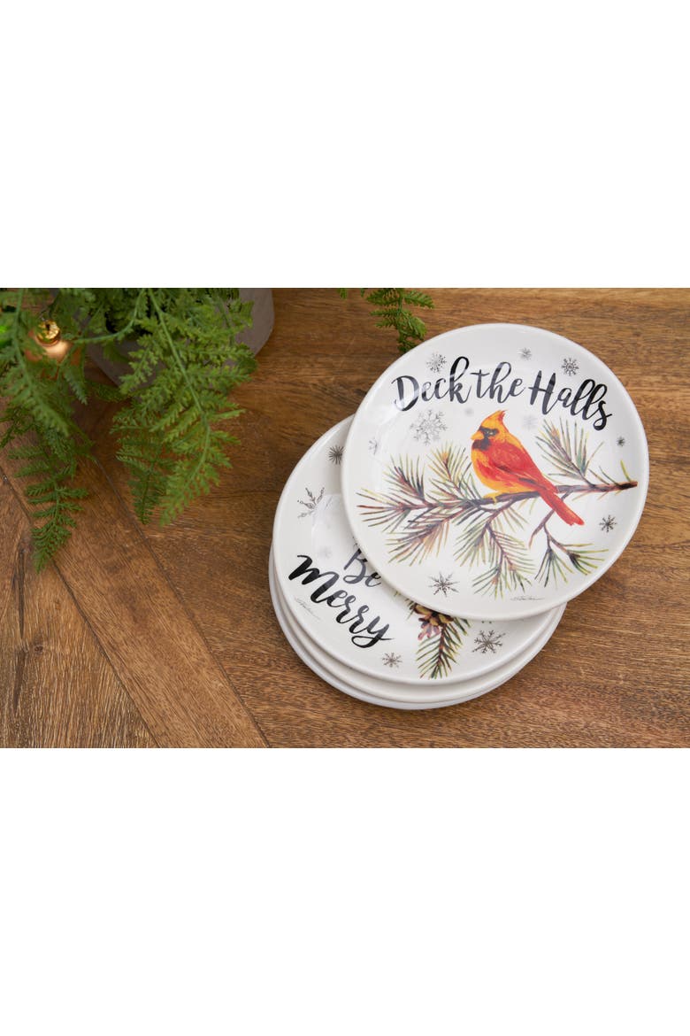 6" x 6" Holiday Sentiment Dolomite Round Dessert Plates Featuring Red Cardinals on Tree Branches Set Of 4, Alternate, color, White