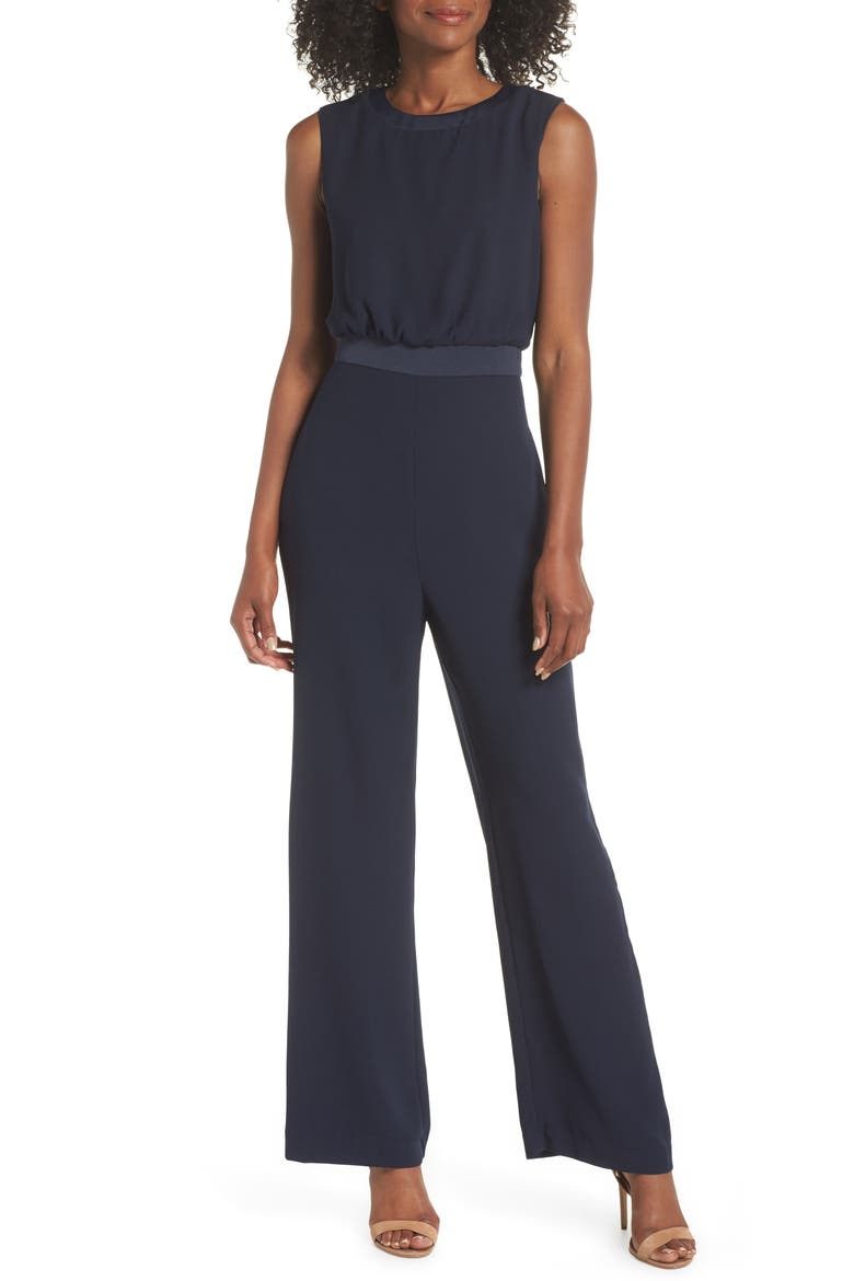 Satin Detail Crepe Jumpsuit, Main, color, NAVY