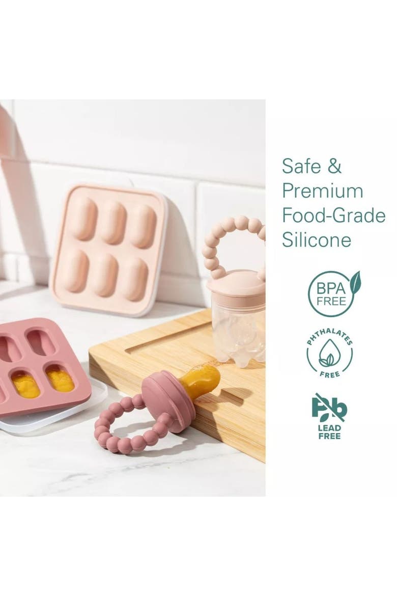 Silicone Suction Bowl Set with Lids, Soft Led Weaning Feeding Spoons, Fruit Feeders, Freezer & Dishwasher Safe, Alternate, color, Pink