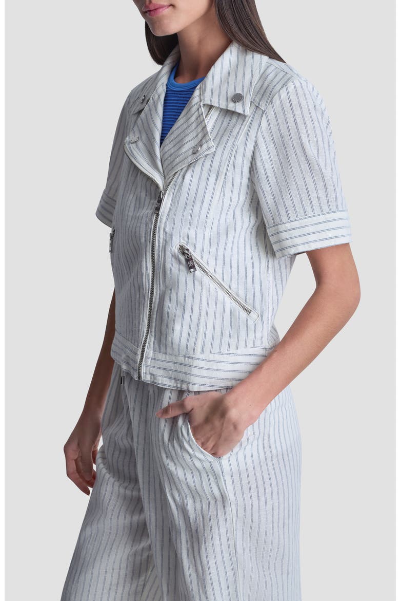 Ticking Stripe Short Sleeve Linen Blend Moto Jacket, Alternate, color, IVORY/ADMIRAL