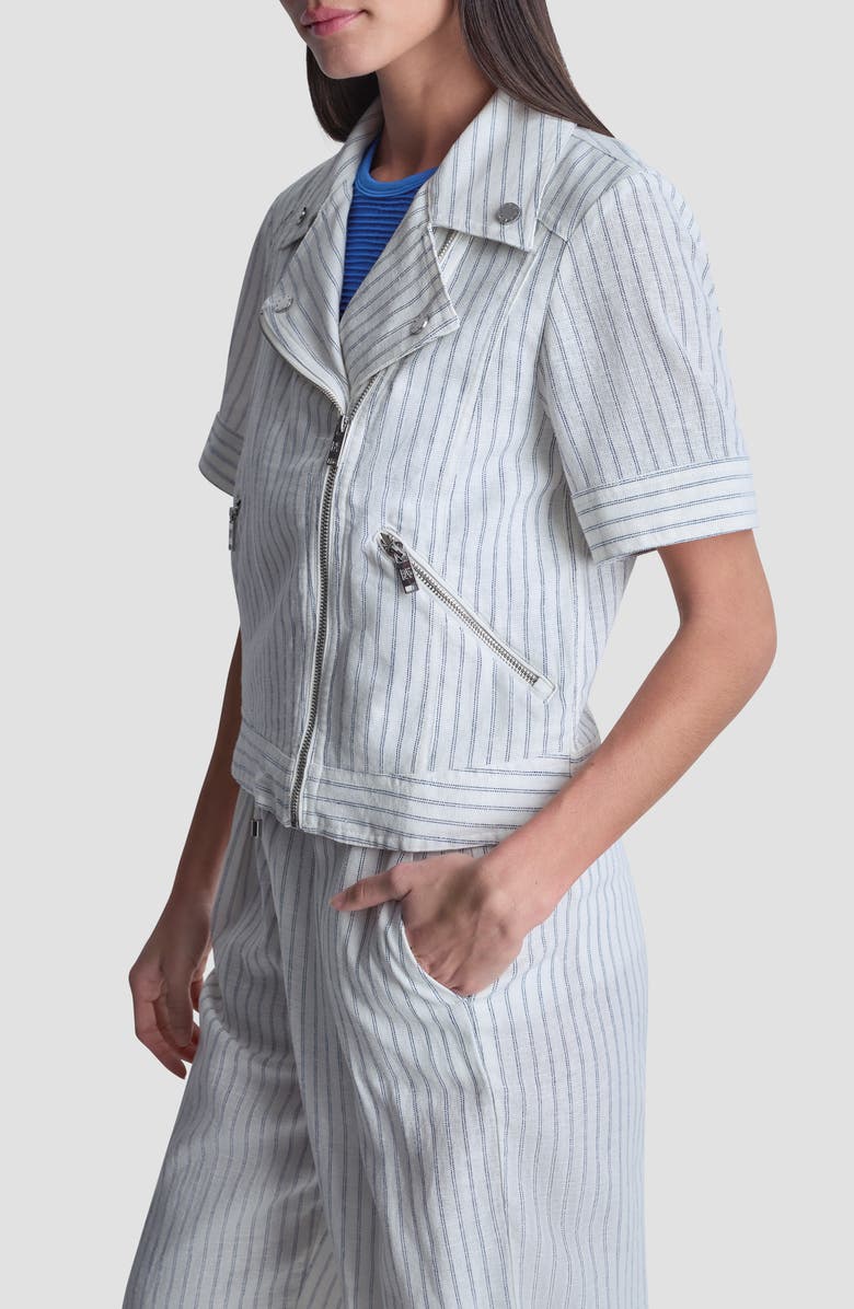 DKNY Ticking Stripe Short Sleeve Linen Blend Moto Jacket, Alternate, color, Ivory/Admiral
