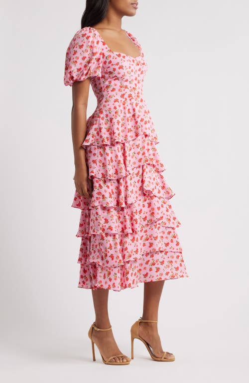 Wayf Agatha Floral Tiered Ruffle Midi Dress In Red Mni Roses