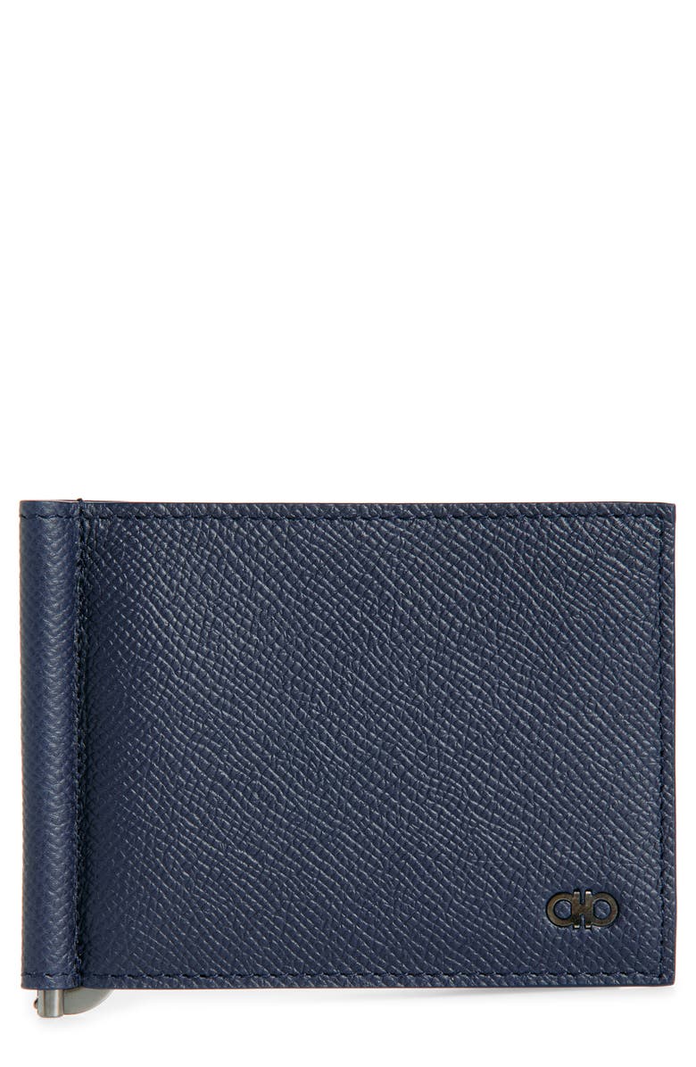 FERRAGAMO Double Gancio Leather Bifold Wallet, Main, color, New Navy Nero