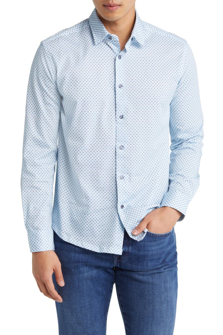 Knot Geo Dry Touch® Performance Jersey Button-Up Shirt, Main, color, BLUE