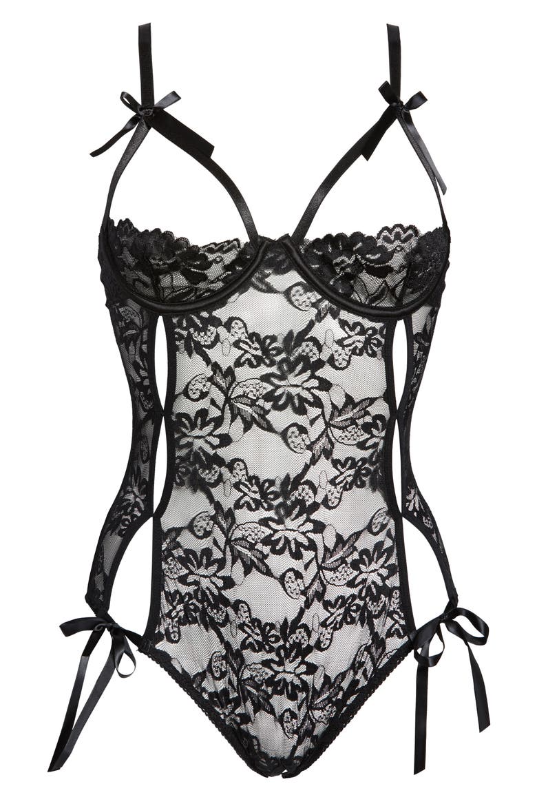 Zara Underwire Open Cup Open Gusset Lace Teddy, Alternate, color, BLACK