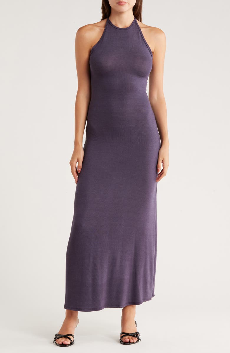 GO COUTURE Fitted Maxi Halter Dress, Main, color, Navy Rib