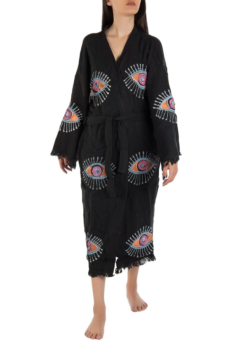 Forever & Always Shoes Aria Evil Eye Handmade Cotton Robe Cover-Up, Alternate, color, Black/White
