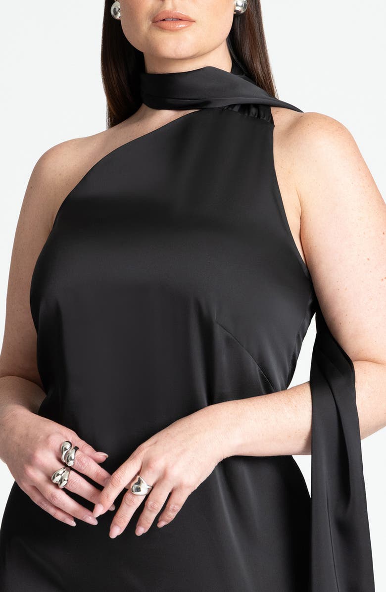 ELOQUII Scarf Neck One-Shoulder Satin Maxi Dress, Alternate, color,