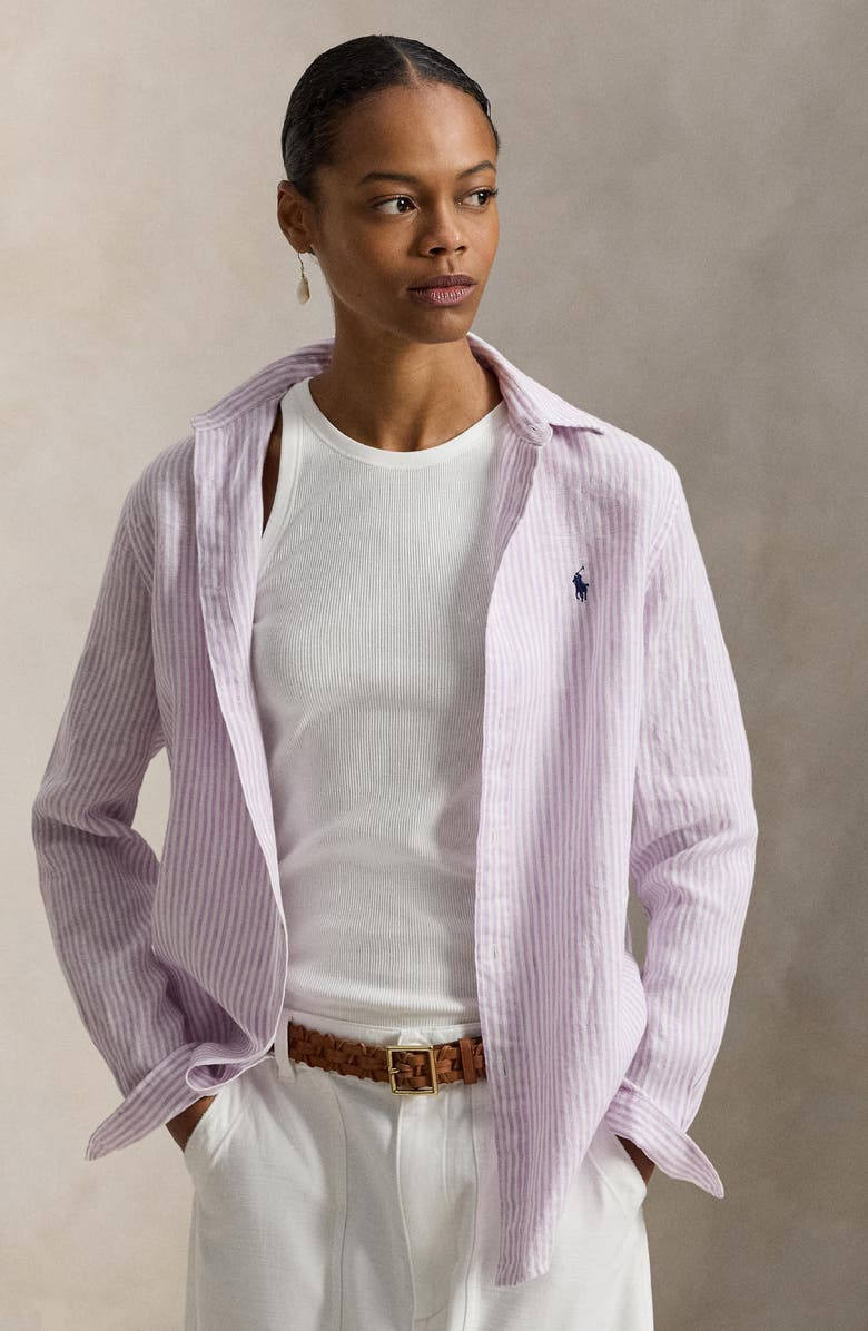 Polo Ralph Lauren Classic Fit Stripe Linen Button-Up Shirt, Alternate, color, Maeve White