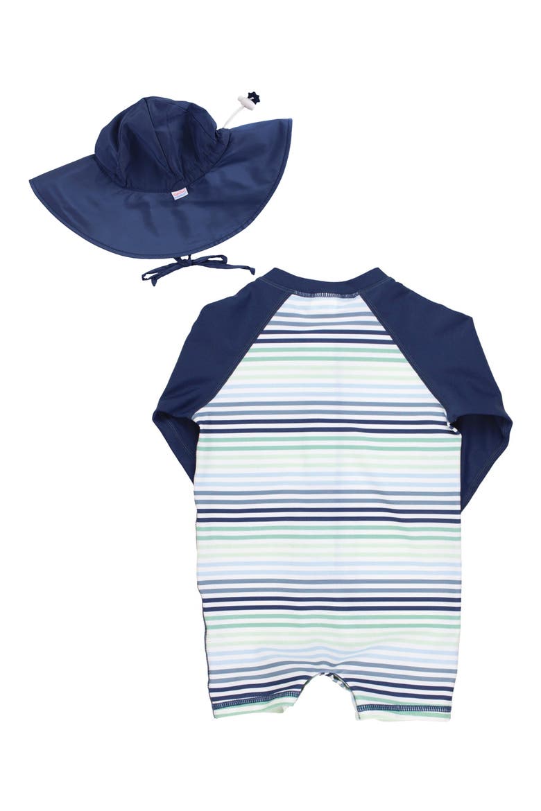Coastal Stripe One-Piece Rashguard Swimsuit & Hat Set, Alternate, color, COASTAL STRIPE