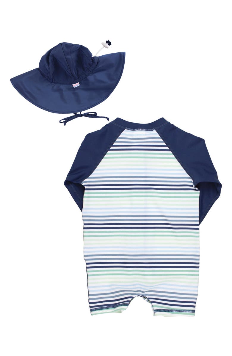 RuggedButts Coastal Stripe One-Piece Rashguard Swimsuit & Hat Set, Alternate, color, Coastal Stripe