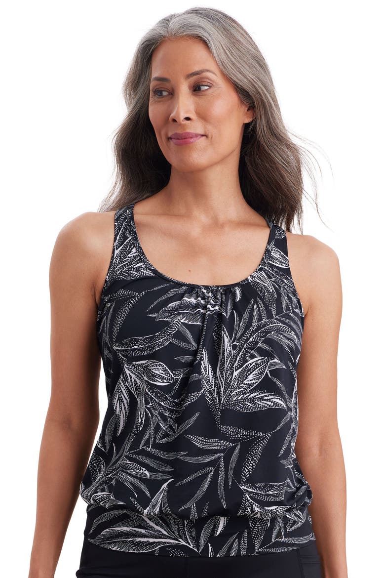 Shirred Neck Blouson Mastectomy Tankini Swimsuit Top, Main, color, Leaf Encounter