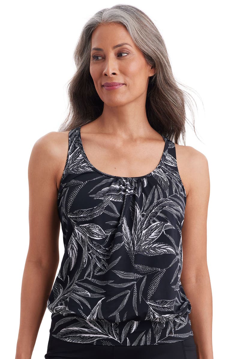 ShapeSolver Shirred Neck Blouson Mastectomy Tankini Swimsuit Top, Main, color, Leaf Encounter