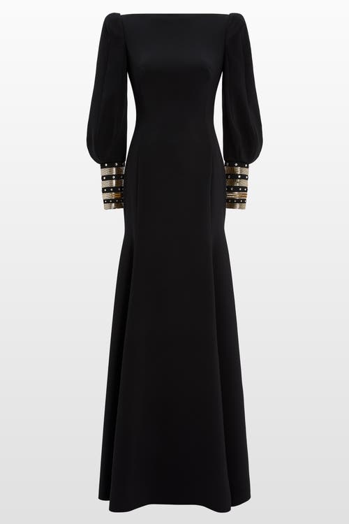 Jenny Packham Francolin Embellished-cuffs Puff-sleeve Maxi Dress In Black