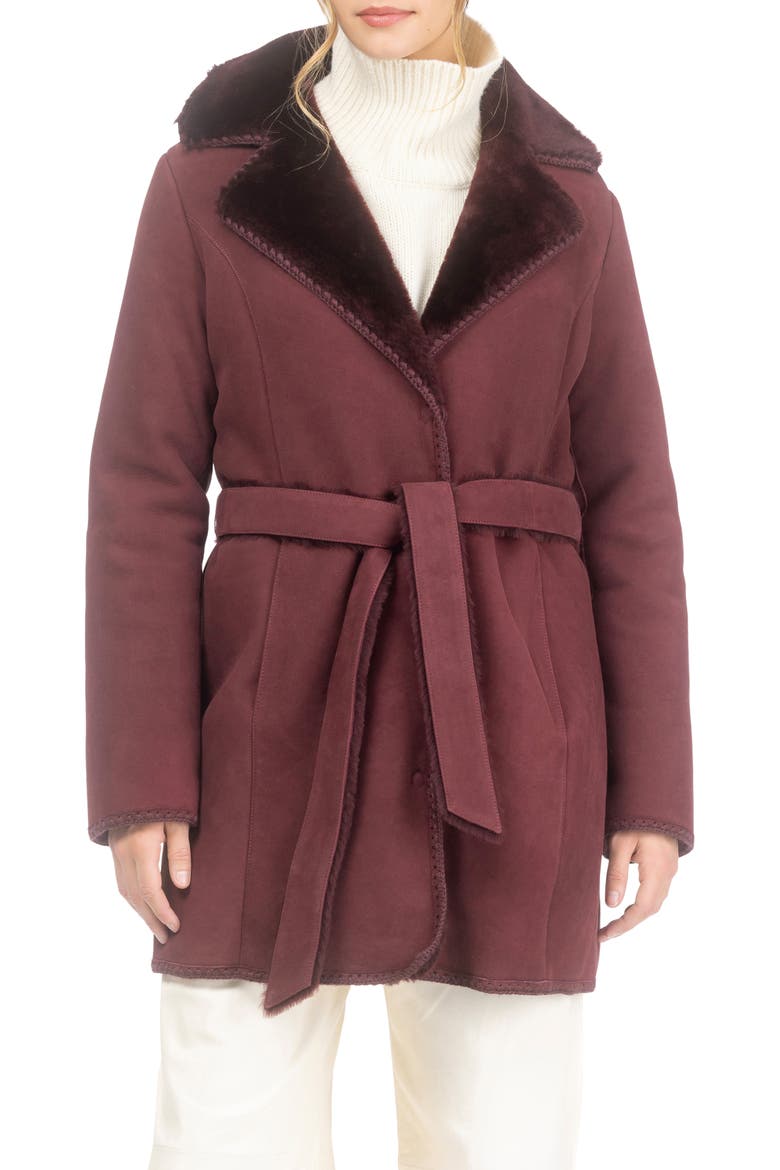 Genuine Shearling Stroller with Embroidered Trim & Belt, Alternate, color, BURGUNDY