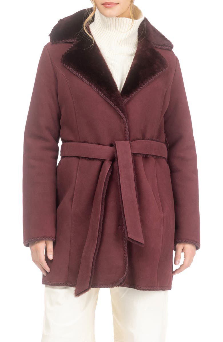 GORSKI Genuine Shearling Stroller with Embroidered Trim & Belt, Alternate, color, Burgundy