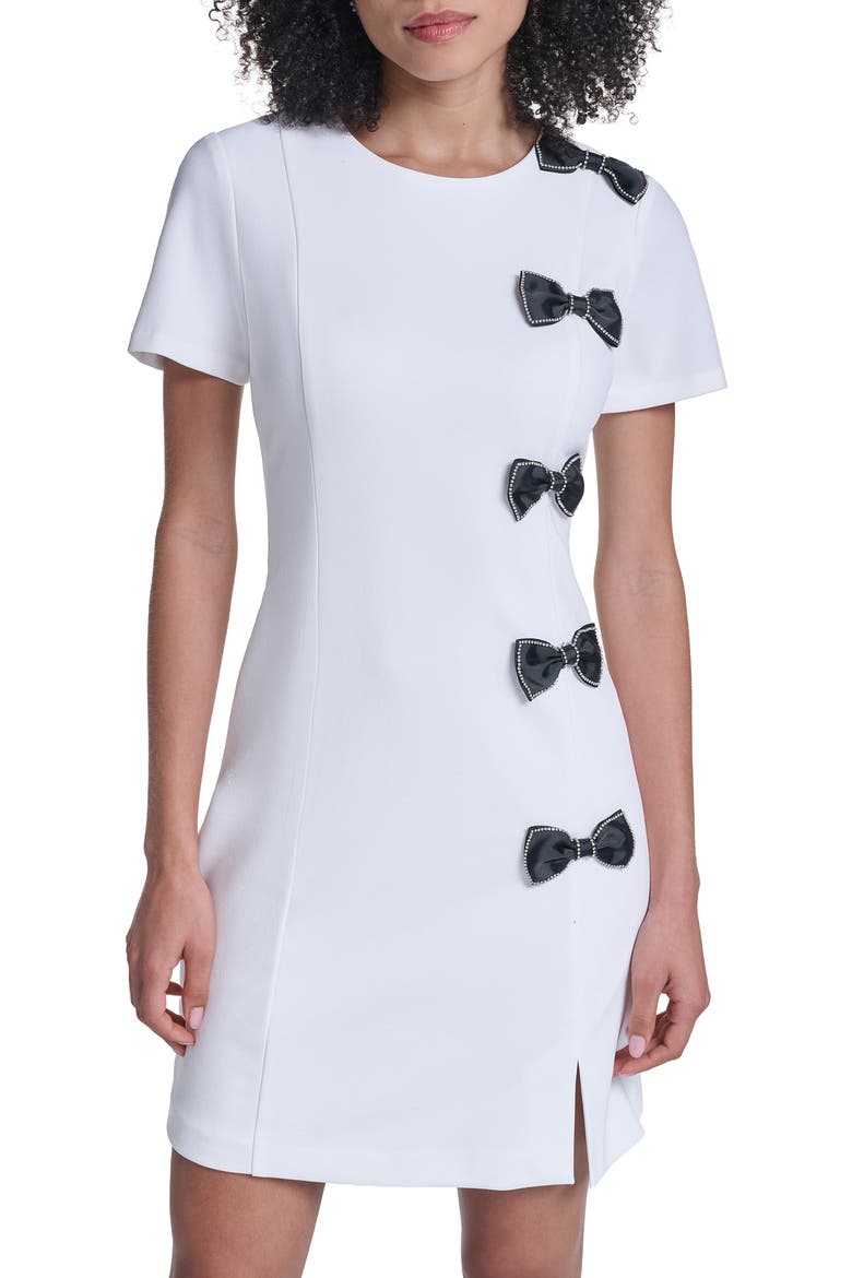 Scuba Rhinestone Bow Sheath Dress, Alternate, color, SOFT WHITE/ BLACK