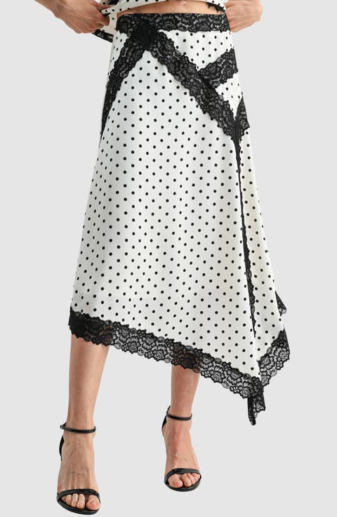 Asymmetric Lace Trim Satin Midi Skirt