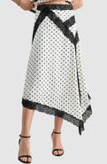 Lush Asymmetric Lace Trim Satin Midi Skirt