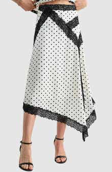 Lush Asymmetric Lace Trim Satin Midi Skirt