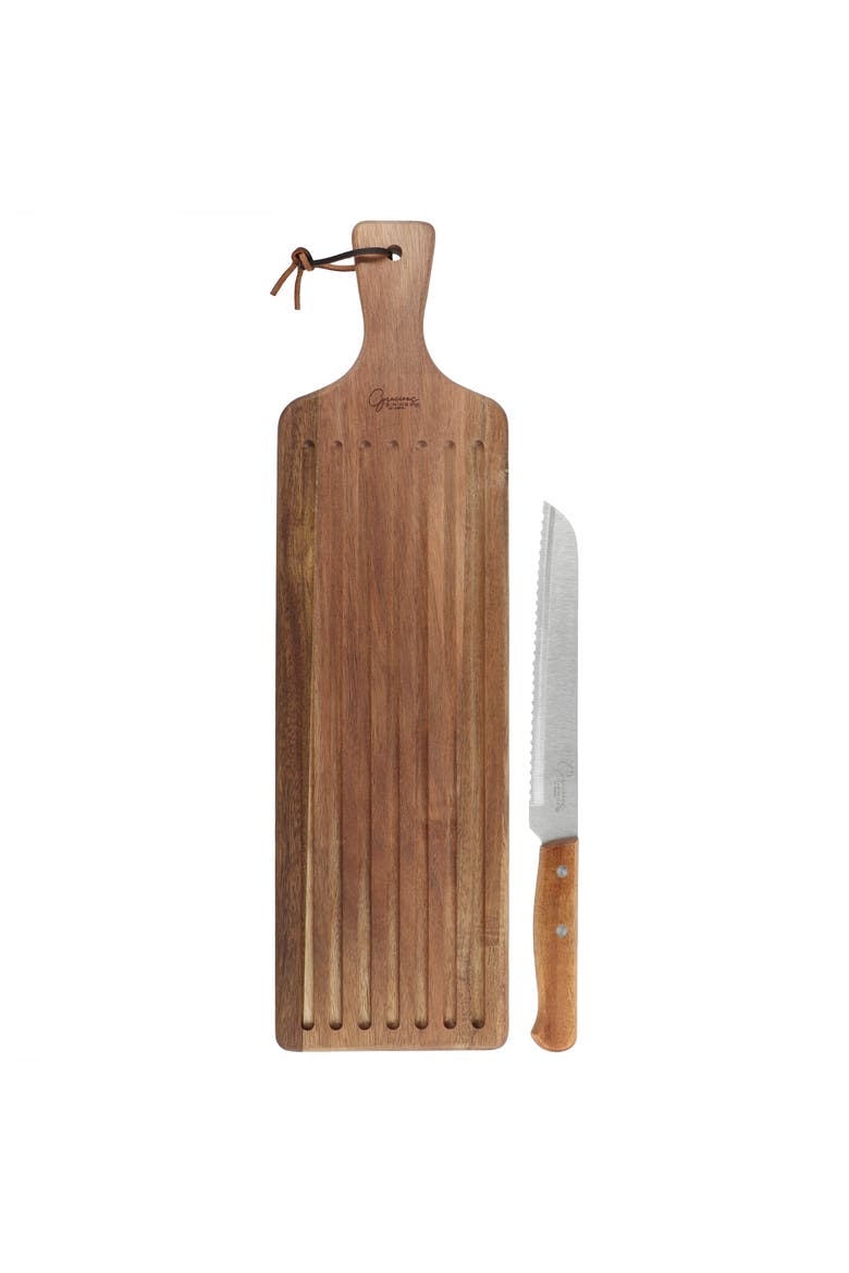 2 Piece Acacia Wood Serving Board and Bread Knife Set, Main, color, Brown