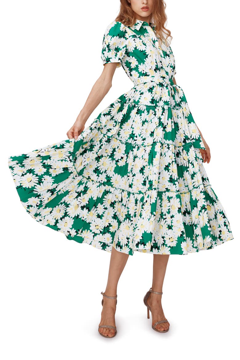 Queena Tie Belt Stretch Cotton Midi Dress, Main, color, VINTAGE DAISIES MED GREEN