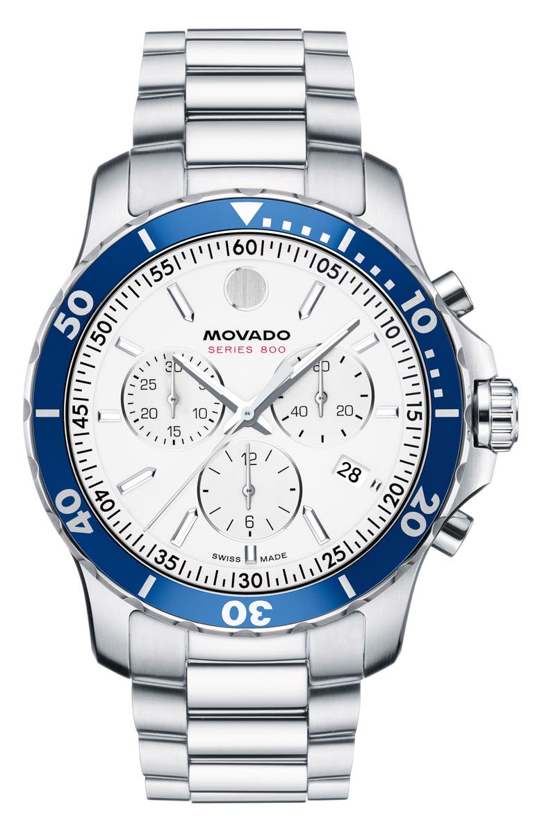 Movado Series 800 Chronograph Bracelet Watch, 42mm, Main, color, White