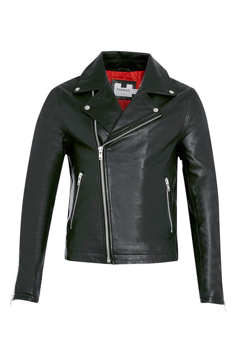 Topman Black Leather Biker Jacket, Alternate, color, 