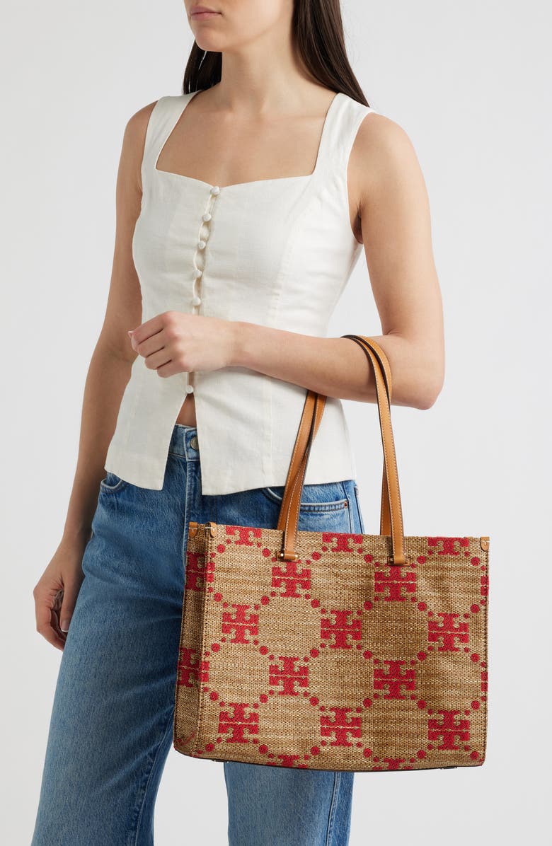 Tory Burch T Monogram Woven Tote, Alternate, color, Natural
