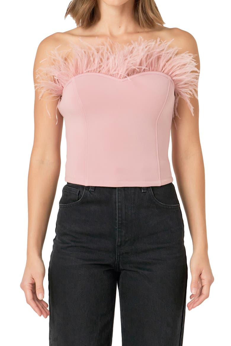 Feather Trim Strapless Top, Alternate, color, MAUVE