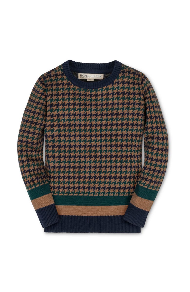 Hope & Henry Kids' Organic Long Sleeve Intarsia Crew Neck Pullover Sweater, Main, color, Navy Houndstooth