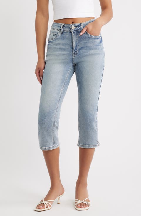Side Slit High Waist Capri Jeans