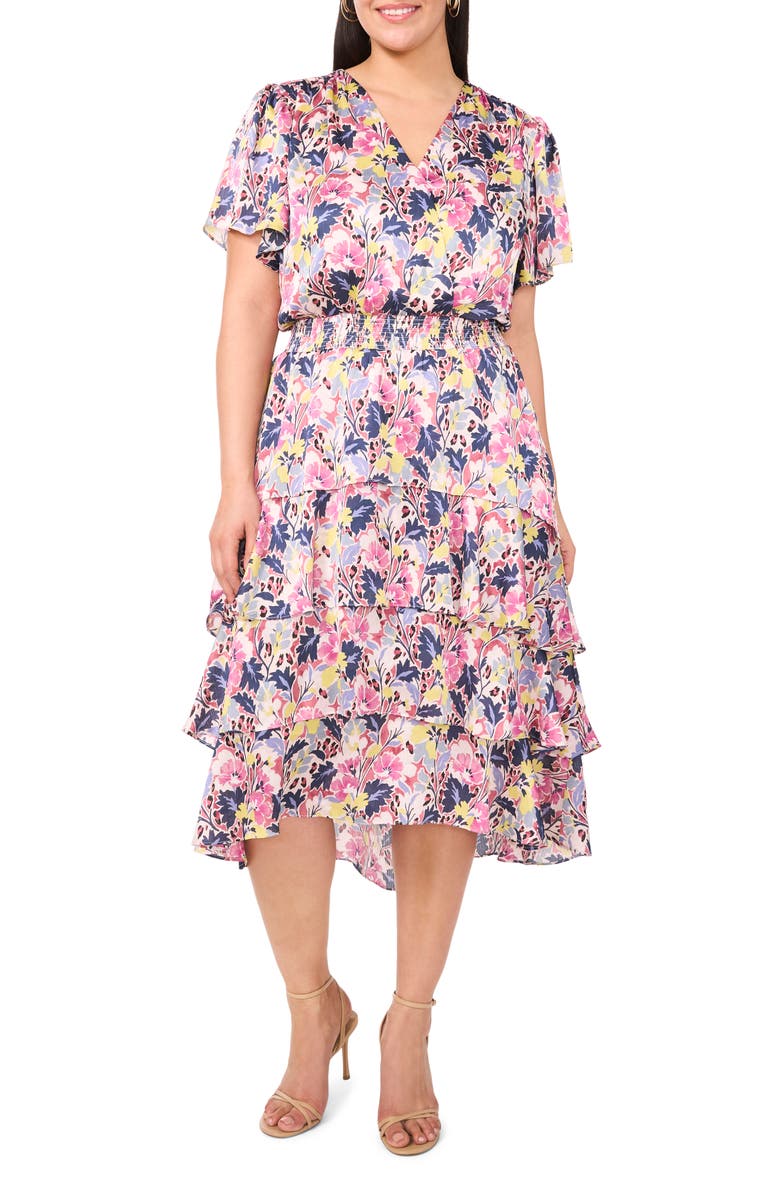 Vince Camuto Floral Flutter Sleeve Tiered Satin Midi Dress, Main, color, Violet Blush