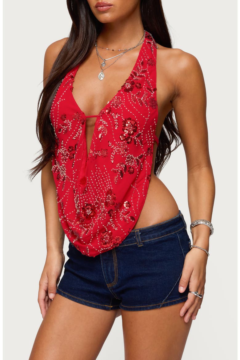 Beaded Cowl Neck Open Back Halter Top, Alternate, color, RED
