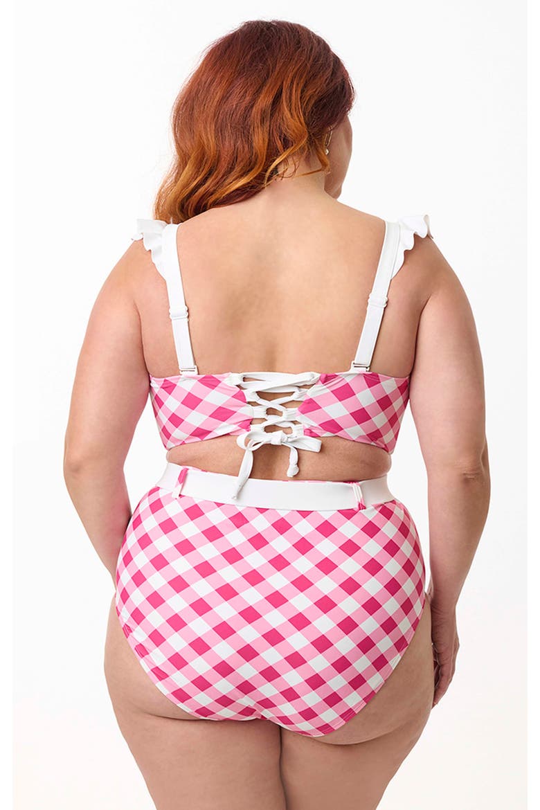 Plus Size Ruffled Longline Southampton Swim Top, Alternate, color, Pink Gingham