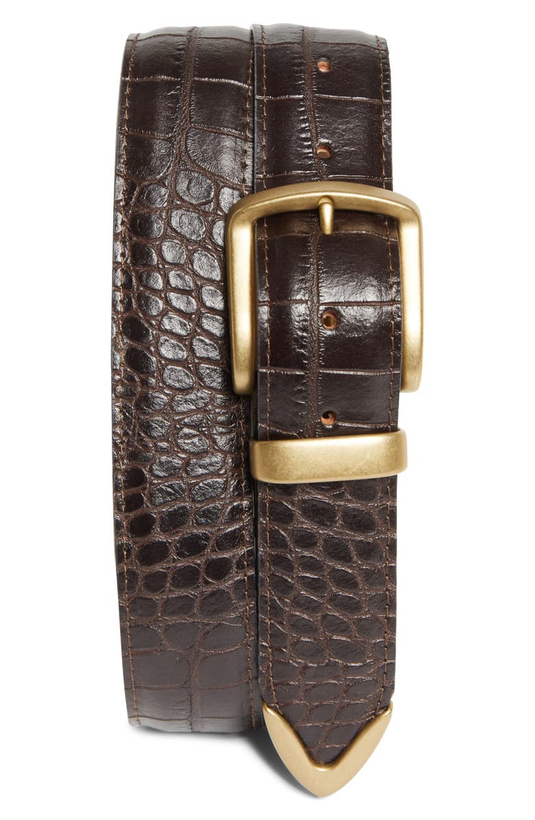 Noah Croc Embossed Metal Tip Leather Belt, Main, color, Brown