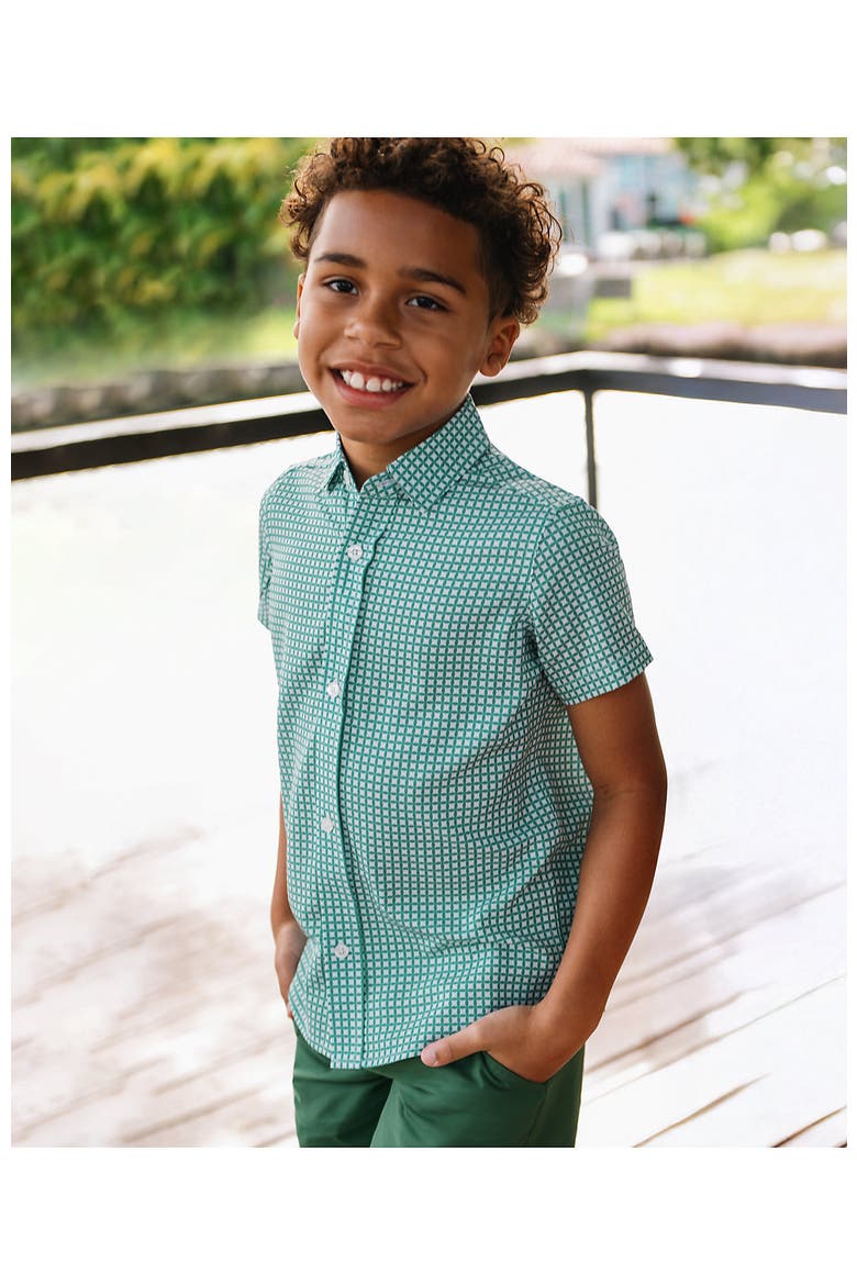 Boys Short Sleeve Button Down Performance Shirt, Main, color, Spruce Geo