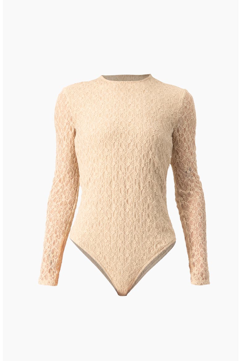 Long Sleeve Fitted Crew Neck Stretch Lace Bodysuit, Alternate, color, Beige