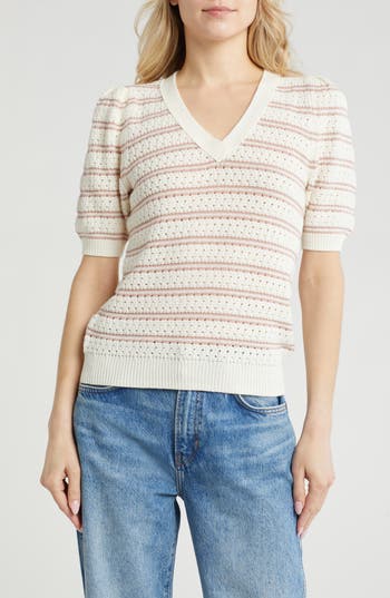 Caslon ® Pointelle Short Sleeve Cotton Blend Sweater