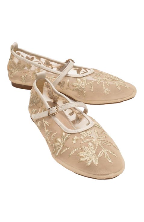 Juny Mesh Floral Embroidery Ballet Flat