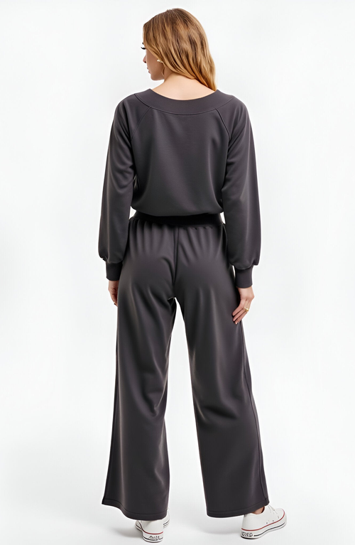 Modenaire Wide Leg Long Sleeve Crewneck Knit Jumpsuit With Drawstring Waist In Gray