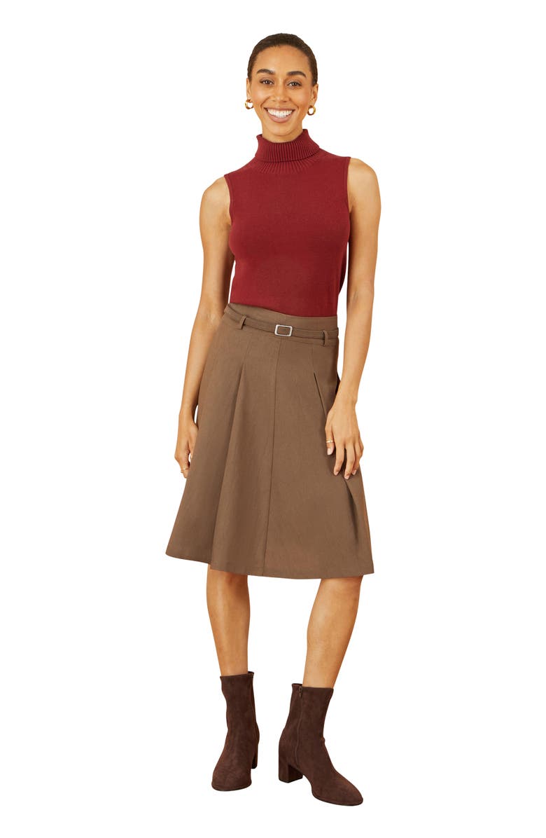 Yumi Pleated Midi Skirt With Belt, Main, color, Brown