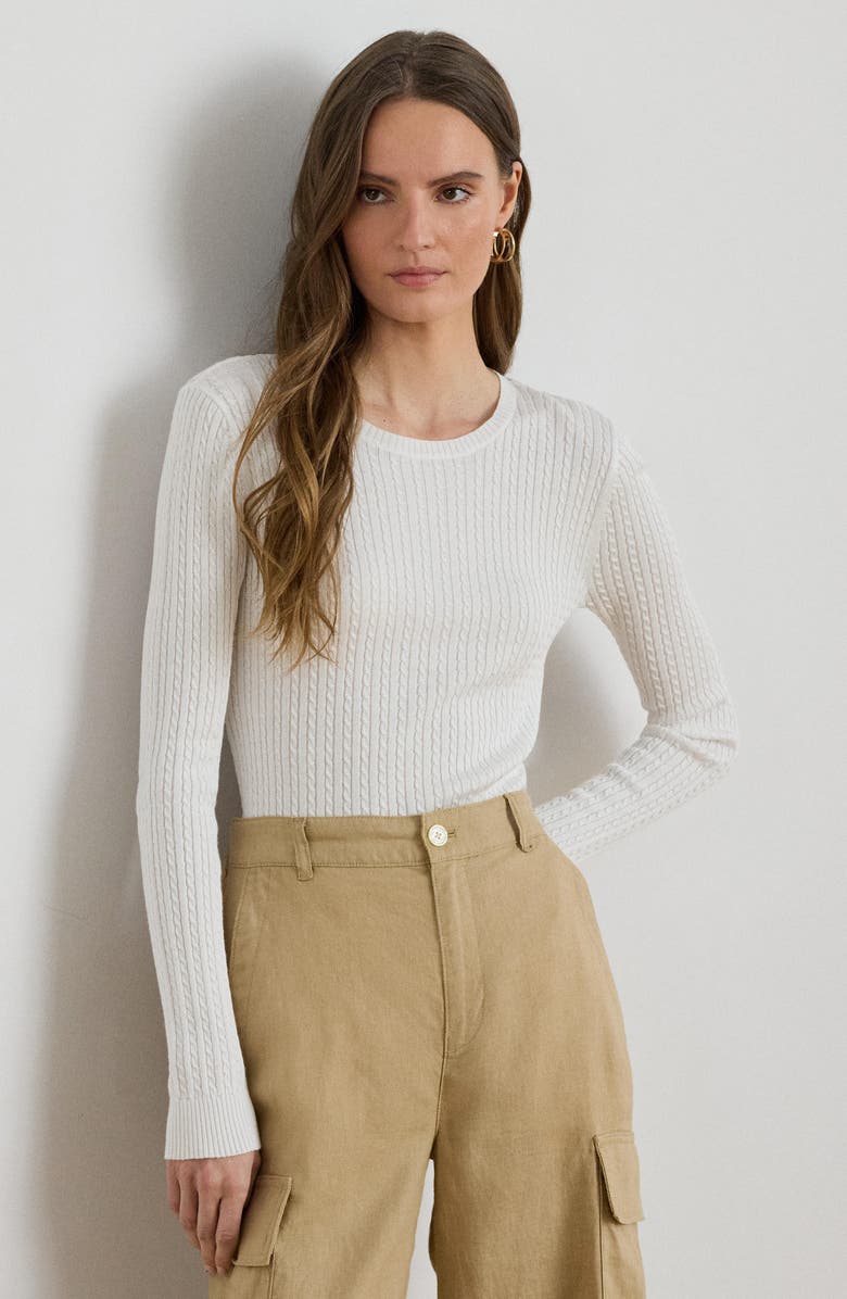 Lauren Ralph Lauren Mini Cable Crewneck Sweater, Alternate, color, White