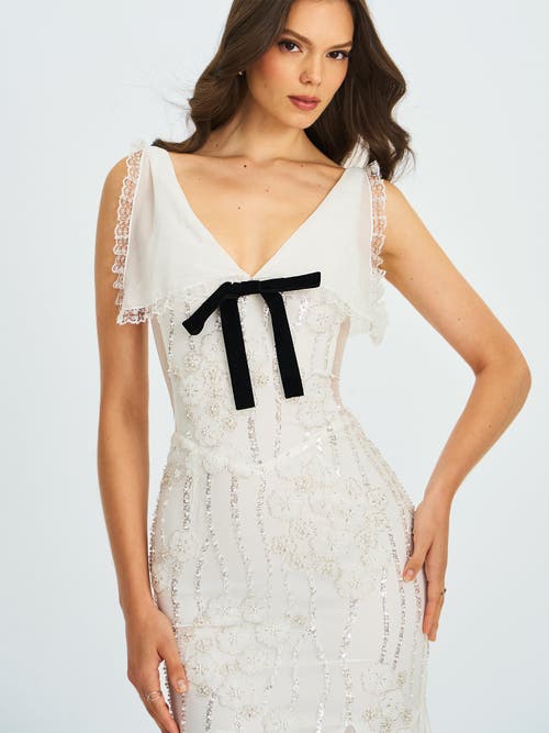 Miss Circle Paola Peter Pan Collar Beaded Sequin Mermaid Midi Dress In White