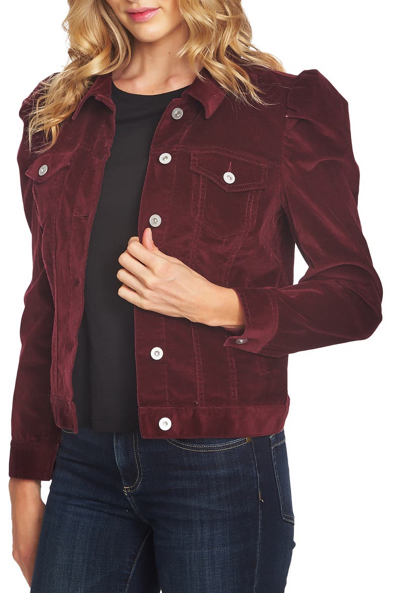 Puff Sleeve Stretch Cotton Corduroy Jacket, Alternate, color, DEEP CLARET